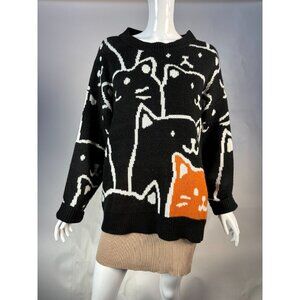 Zinv & Cdupe Vintage Large Cat Lady Black Cat Patterned Sweater Fabric Pilling